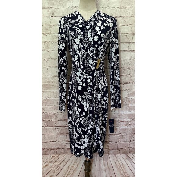 Chaps Womens Dress Floral Long Sleeve Stretch Midi Faux Wrap Surplice Size 6 NEW - Picture 1 of 5